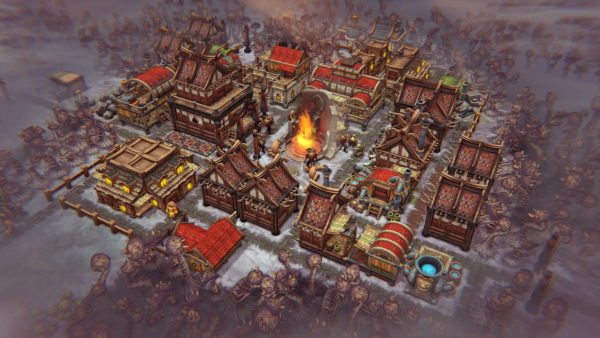 A settlement in Against the Storm. It looks like a small collection of buildings around a large, warm hearth.