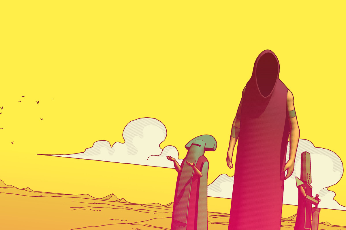 Three mysterious robed figures drawn in red against a bright yellow sky in artwork for Chants of Sennaar