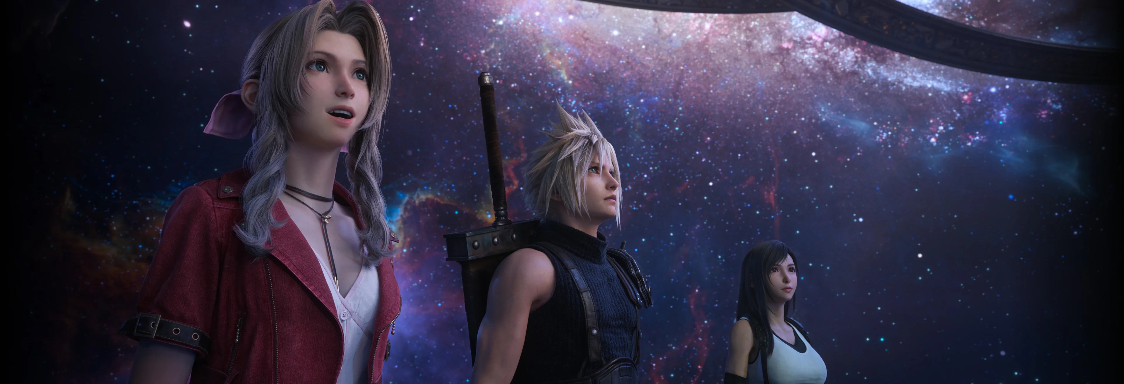 Aerith, Cloud, and Tifa look up at a starry sky in Final Fantasy: Rebirth. 