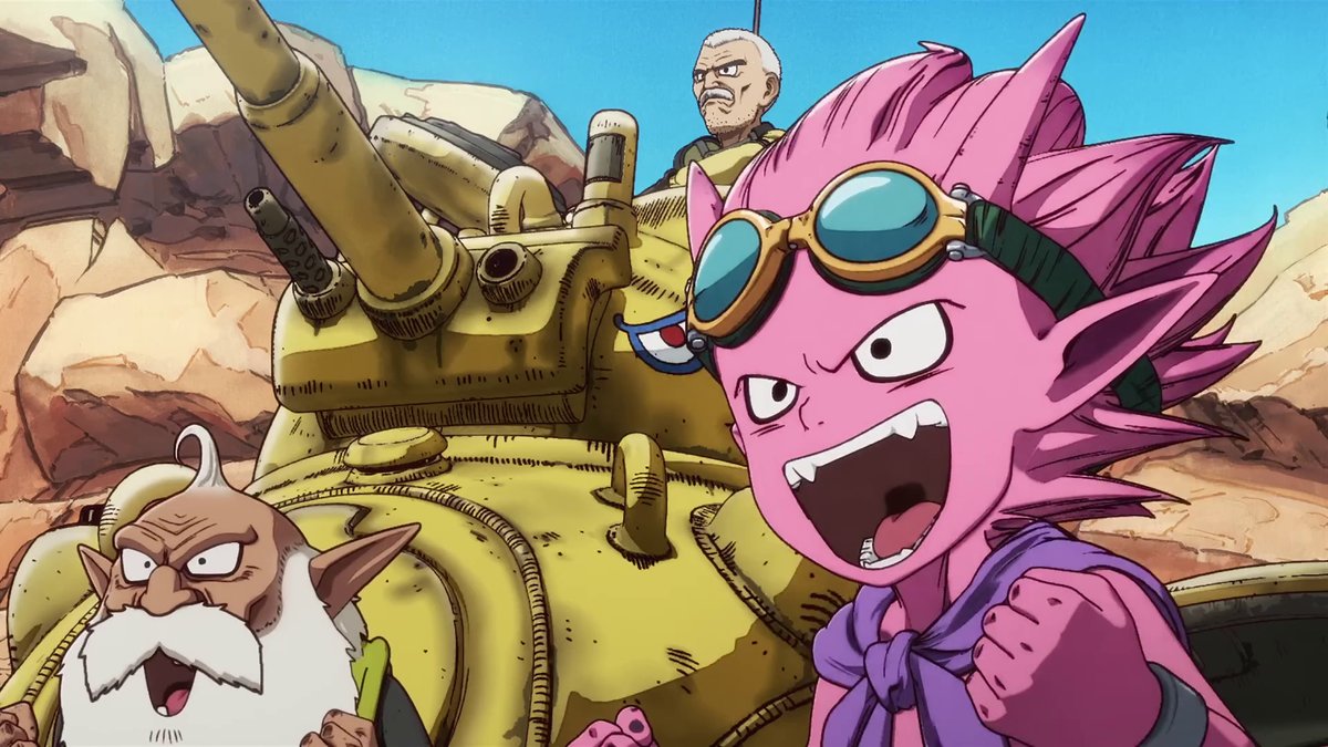A pink, spiky-haired anime boy with goggles, an elderly man with a long white beard, and an elderly man with a moustache in a yellow tank stare excitedly off-screen.