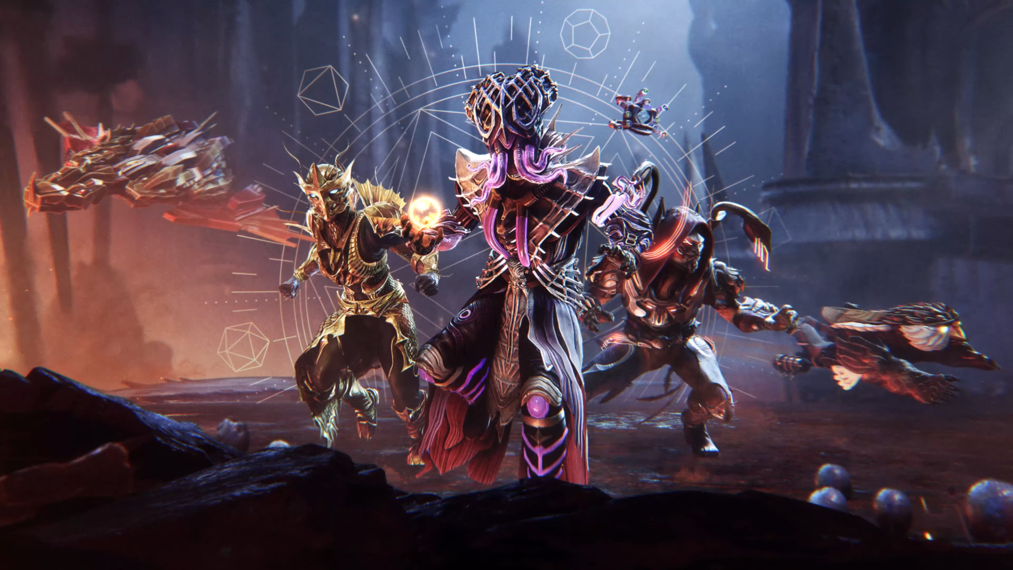 A trio of Guardians wearing Dungeons &amp; Dragons-inspired armor are flanked by D&amp;D versions of a ship and Ghost, in artwork for Destiny 2
