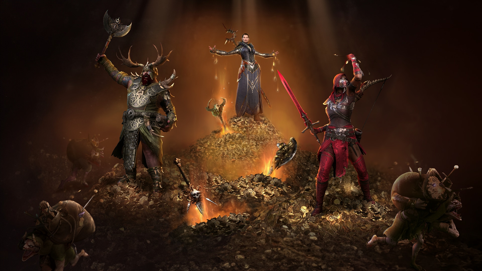 Art showing Diablo characters celebrating atop piles of gold while treasure goblins flee