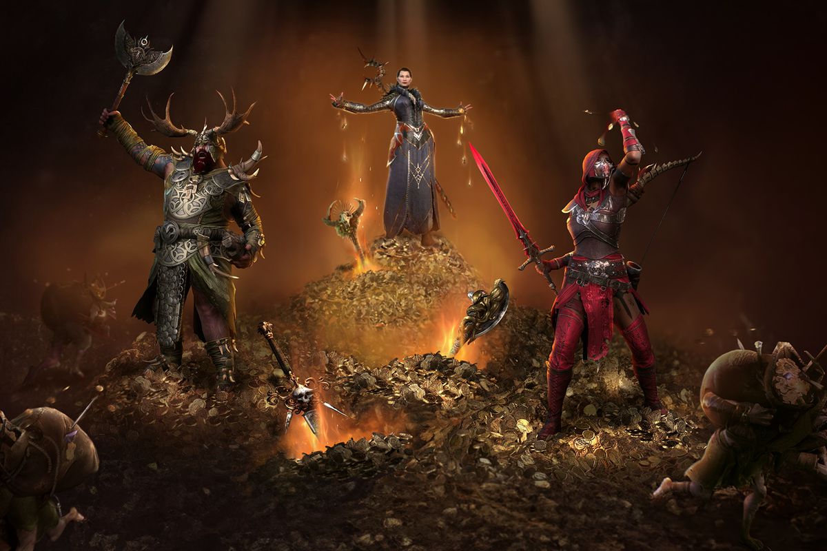 Art showing Diablo characters celebrating atop piles of gold while treasure goblins flee
