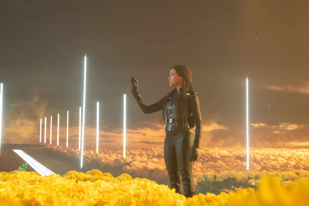Sonequa Martin-Green as Burnham, standing in a yellow field with weird lights, raising her hand 