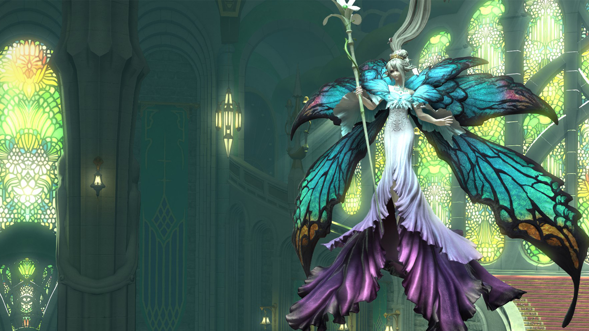 Titania, a huge blue faerie with butterfly-like wings, in FFXIV
