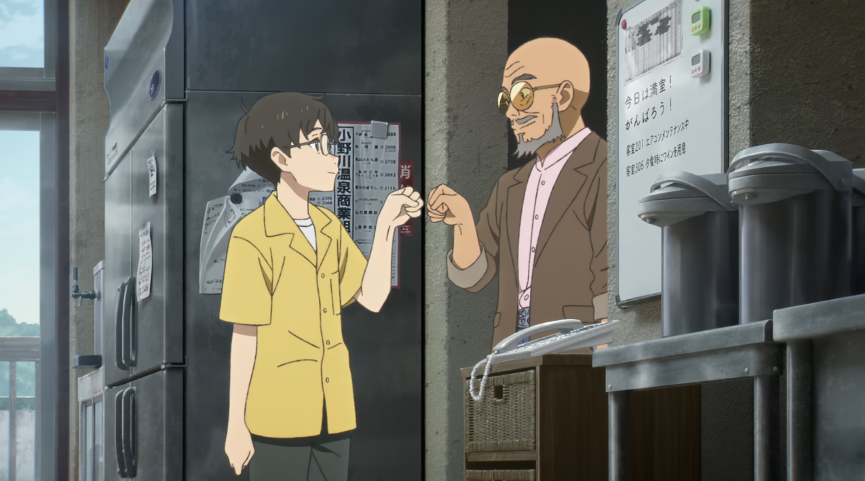 Hiirage (a teenage boy in glasses and a yellow button-down shirt) and Naoya (an older, bald man in glasses, a pink shirt, and a brown cardigan) fist-bump in a kitchen in a scene from Netflix’s anime movie My Oni Girl