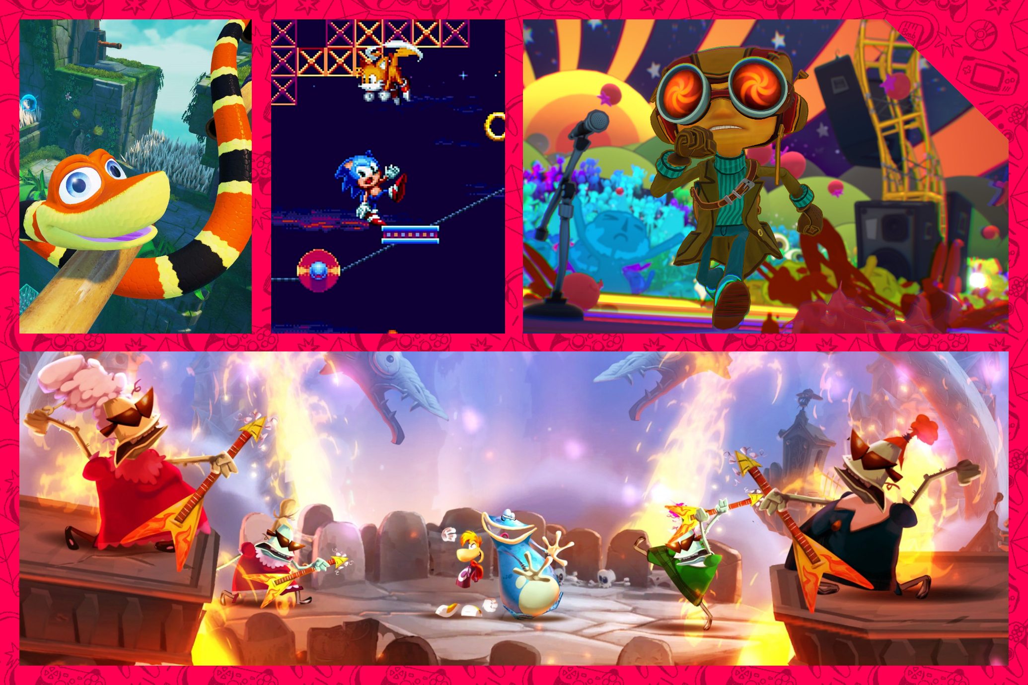 Screenshots of Snake Pass, Sonic Mania, Psychonauts 2, and Rayman Legends laid out in a grid