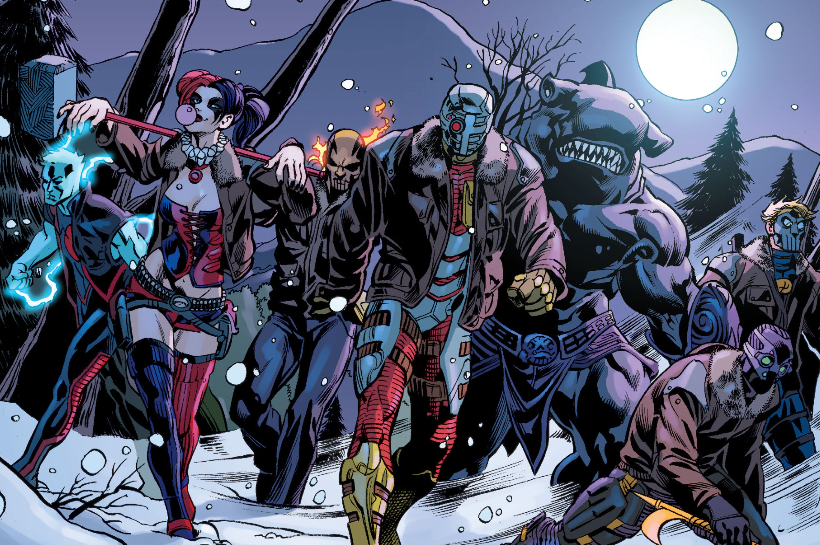Harley Quinn, Diablo, Deadshot, King Shark and other supervillains march through the snow in Suicide Squad #1 (2011).