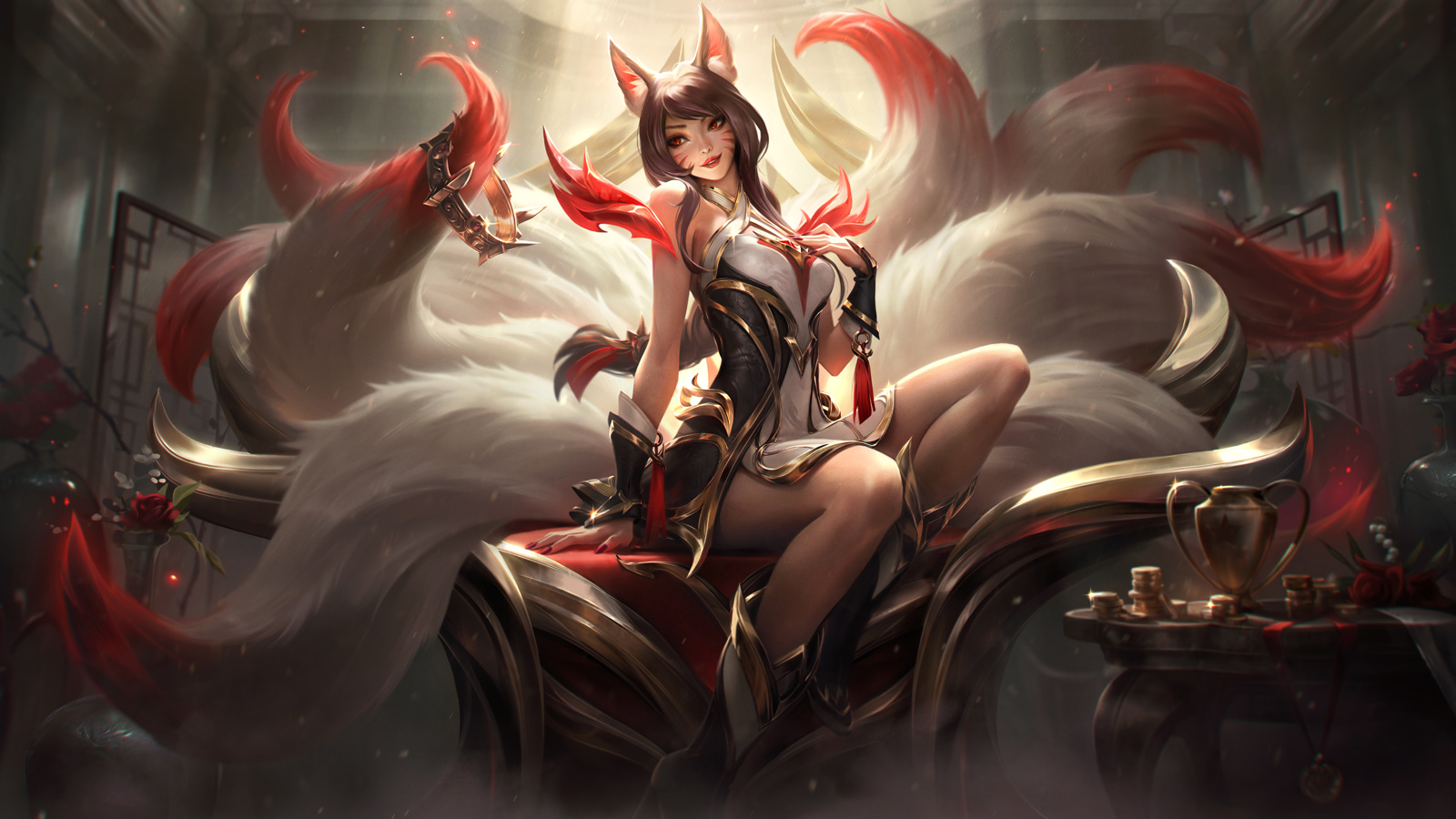 Risen Legend Ahri splashart in League of Legends, showing a nine-tailed fox woman lounging amidst tokens from fans, trophies, a crown, and other signs of wealth and success.