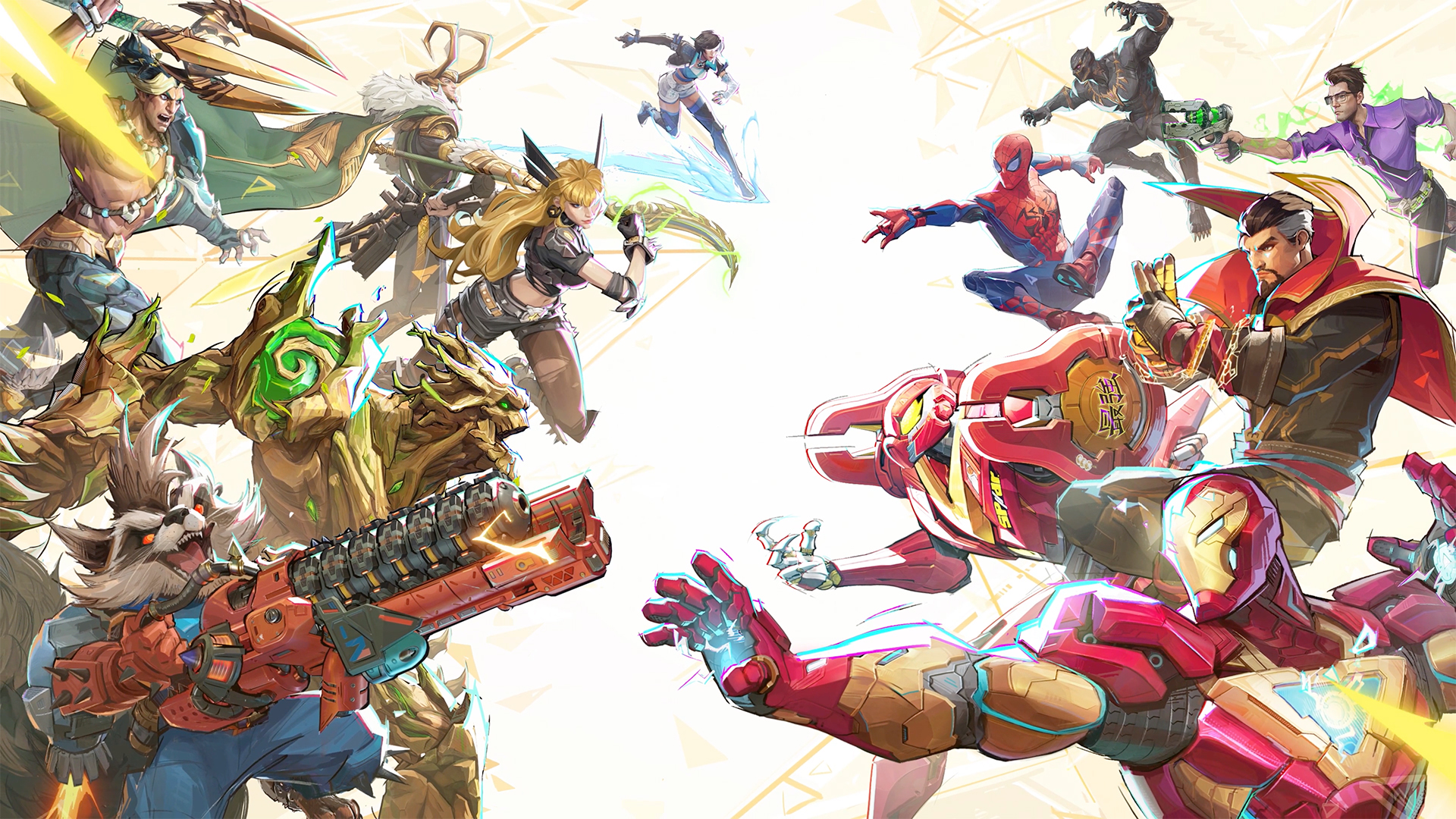 Artwork from Marvel Rivals, featuring stylized illustrated versions of Namor, Rocket Raccoon, Groot, Magik, Luna Snow, and Loki (on the left) facing off against Iron Man, Peni Parker, Spider-Man, Doctor Strange, Black Panther, and Bruce Banner (on the right)