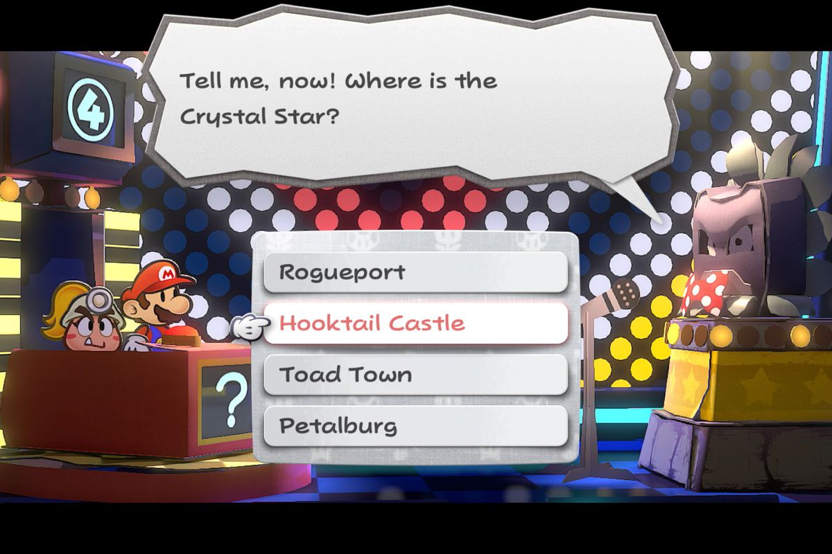 A Thwomp in a bowtie quizzes Mario in Paper Mario: The Thousand-Year Door
