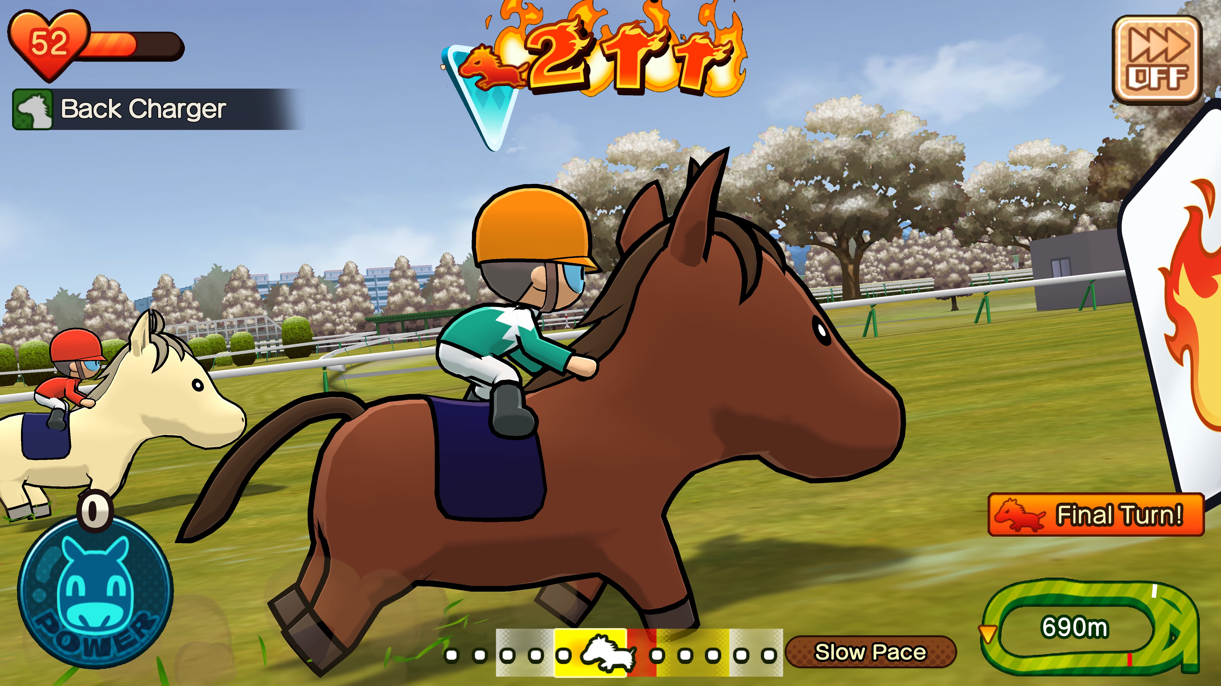 A close-up profile view of a cartoonish horse and its jockey riding on a grassy race track from the game Pocket Card Jockey: Ride On!