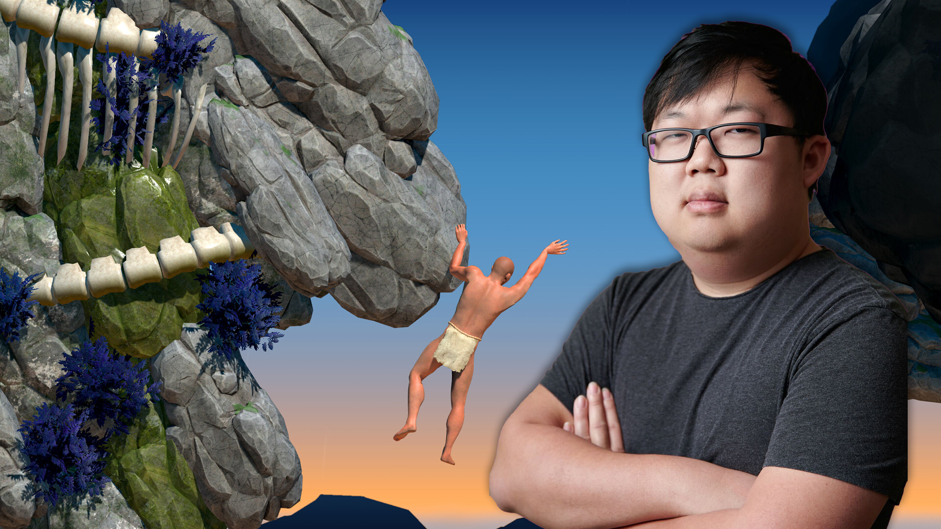 SungWon Cho superimposed over a screenshot of A Very Difficult Game About Climbing