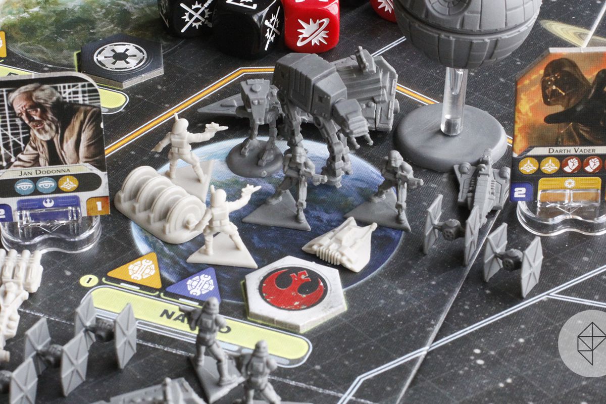 A battle on the planet Naboo in Star Wars Rebellion. The board is filled with plastic miniatures, including rebel commandoes, storm troopers, and AT-AT.