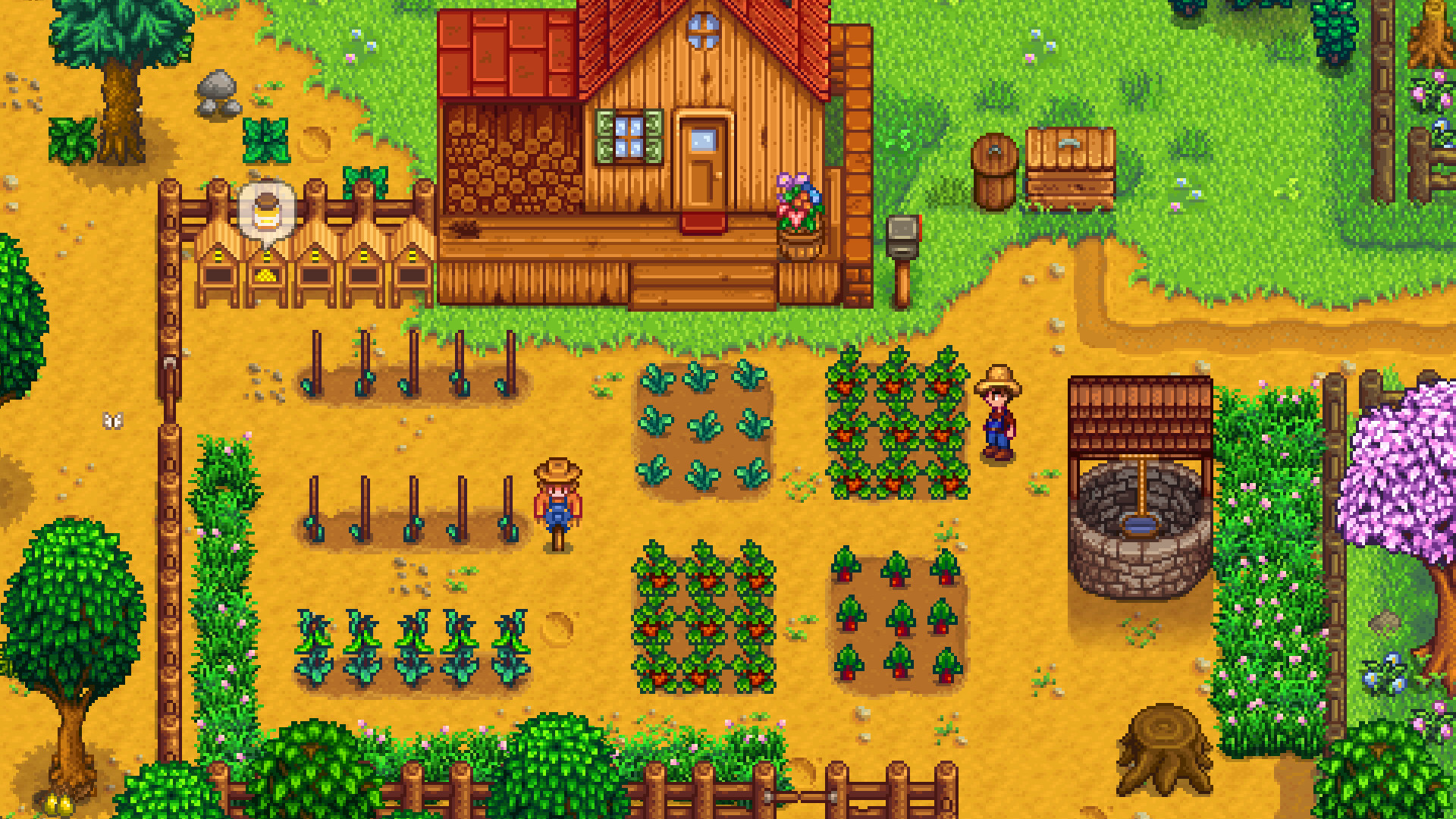 A screenshot of Stardew Valley: an overhead view of a player’s farm, with rows and patches of crops next to a farmhouse, all rendered in a low-resolution style.