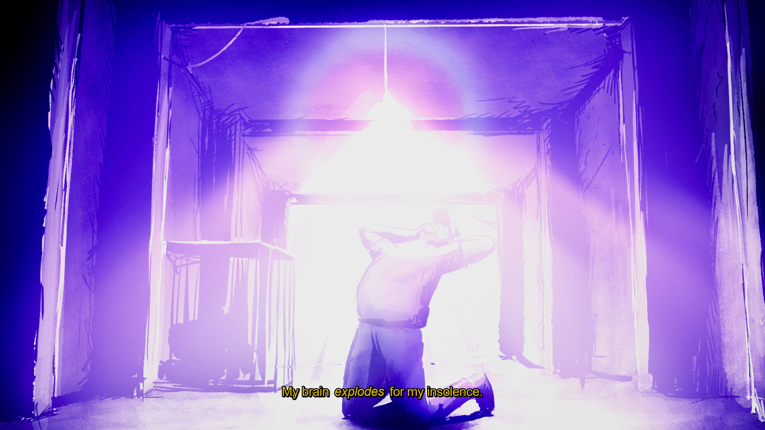 A man falls to his knees, clutching his head in agony, under a bright purple light in the game Life Eater. There’s a caption that reads “My brain explodes for my insolence”