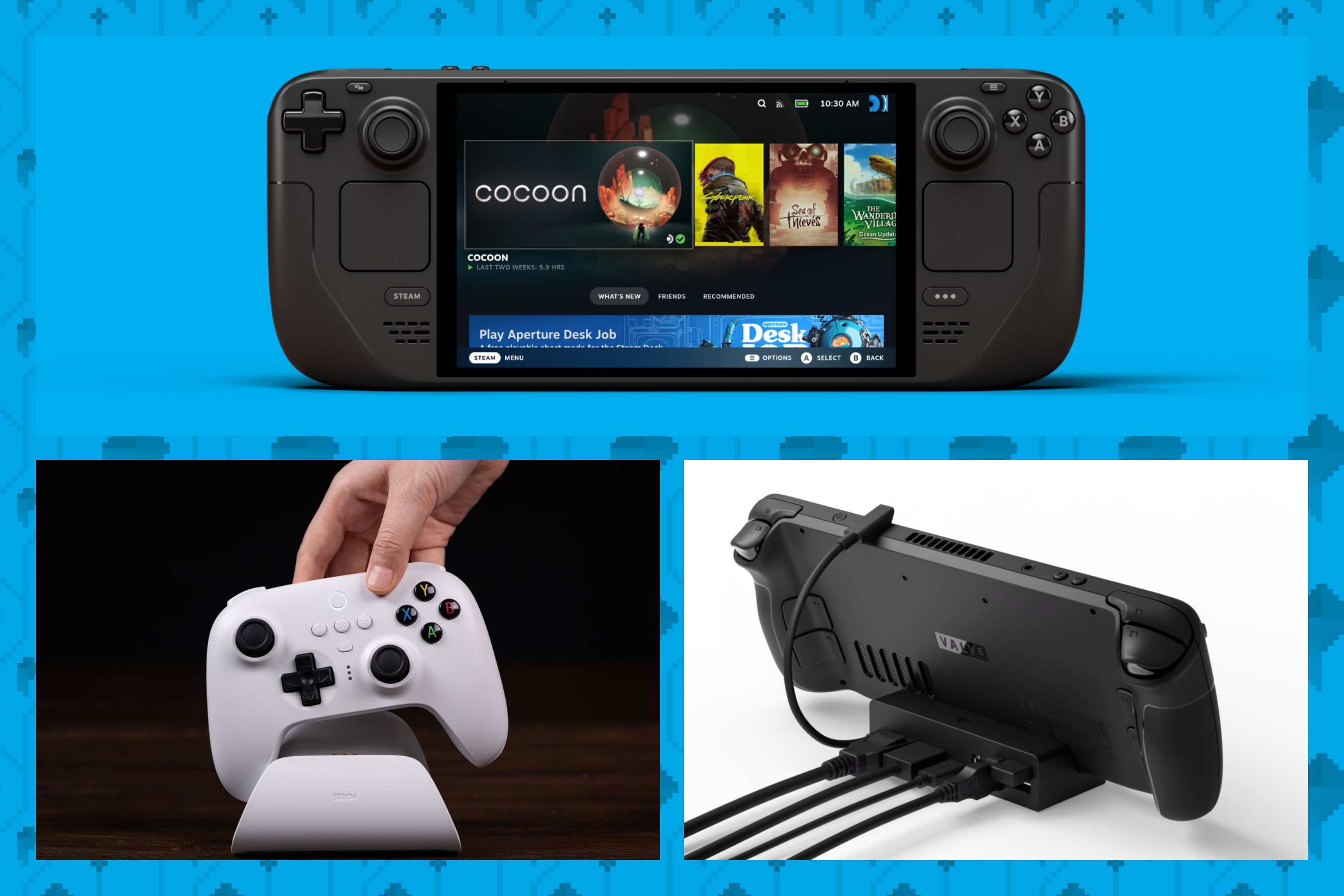 A graphic showing three individual images. On the top is Valve’s Steam Deck OLED handheld PC console. Two images on the bottom from left to right include the 8BitDo Ultimate Bluetooth controller and the Steam Deck Docking station to play the console on your TV or monitor.