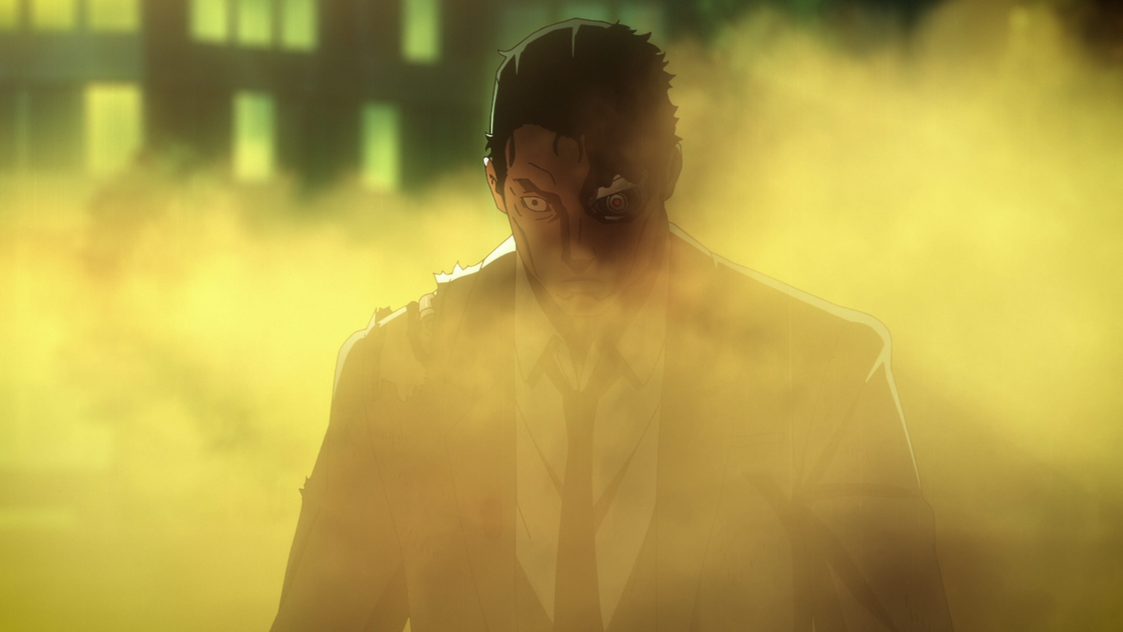 A damaged T-800 Terminator wearing a raggedy suit stands amid yellow smoke in a still from Netflix’s Terminator Zero anime