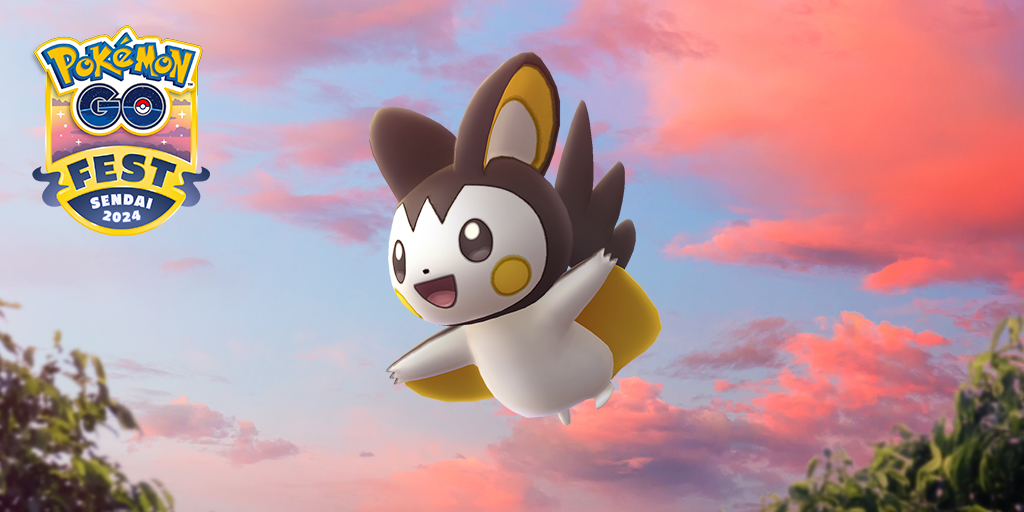 Emolga, the flying squirrel Pokémon, flying over a sunset