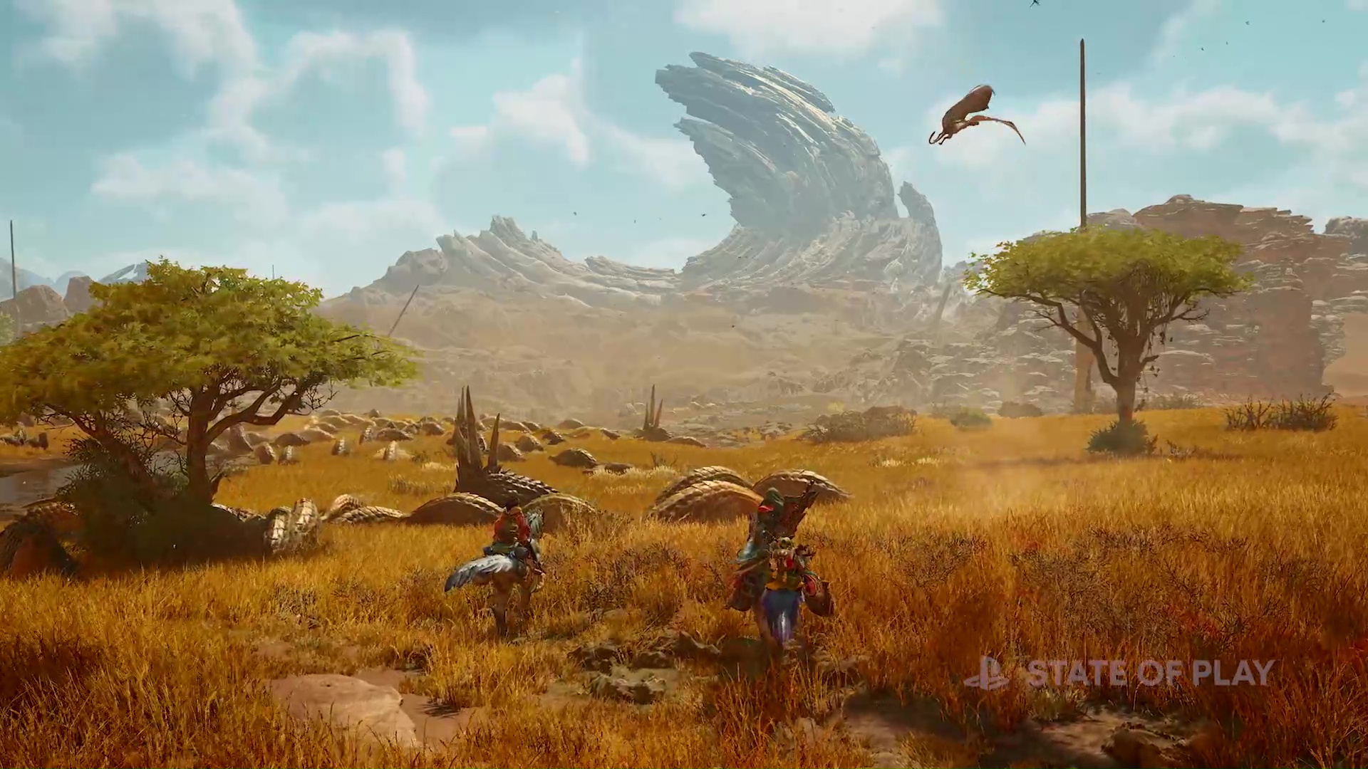 Two characters riding birds through the meadowlands of Monster Hunter Wilds