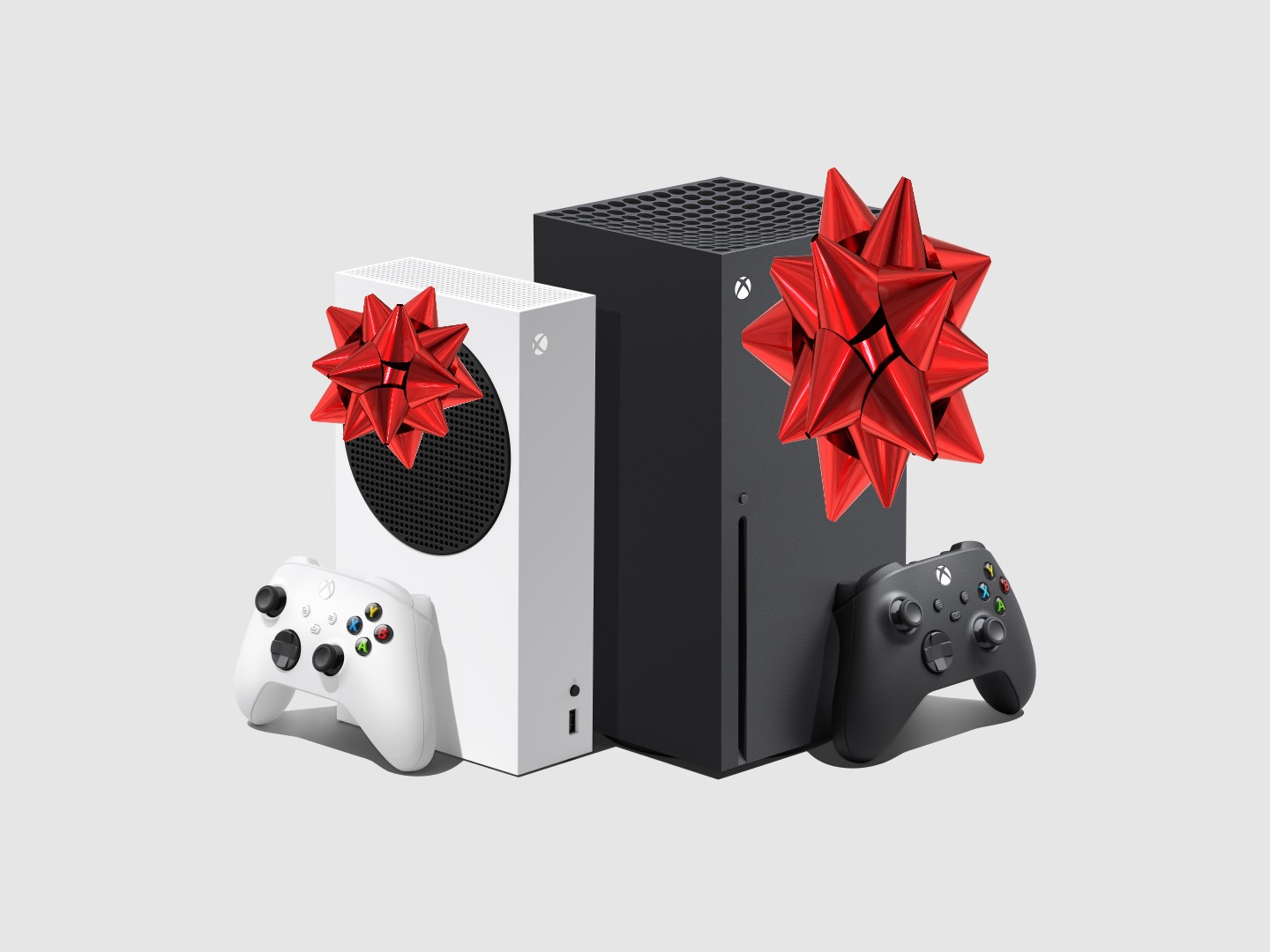 A photo shows the Xbox Series S and Xbox Series X positioned next to each other and upright, with a controller in front of each console. Clip art of a red gift bow has been added to the front of each console to indicate they are gifts