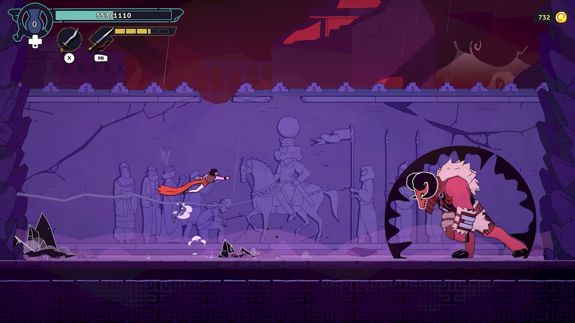 The time-traveling prince, protagonist of The Rogue Prince of Persia, flies across the screen from the left side towards a massive bull-like enemy on the right side of the screen